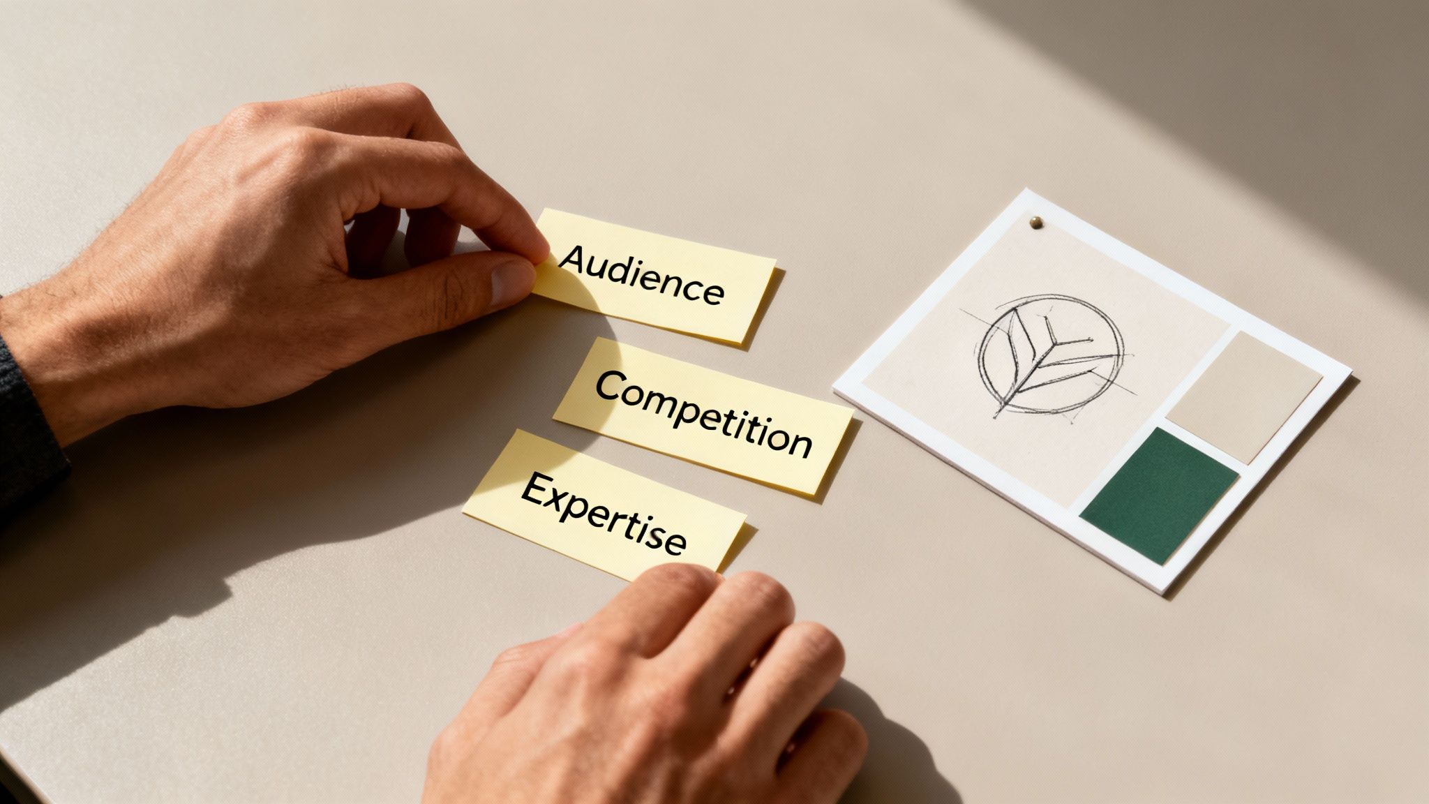 A person brainstorming niche ideas on a whiteboard, surrounded by sticky notes with different concepts.