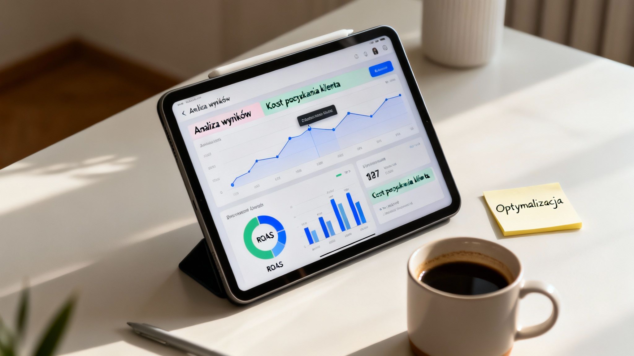 Tablet wyświetlający wykresy analizy wyników i kosztu pozyskania klienta, obok filiżanka kawy i notatka Optymalizacja.