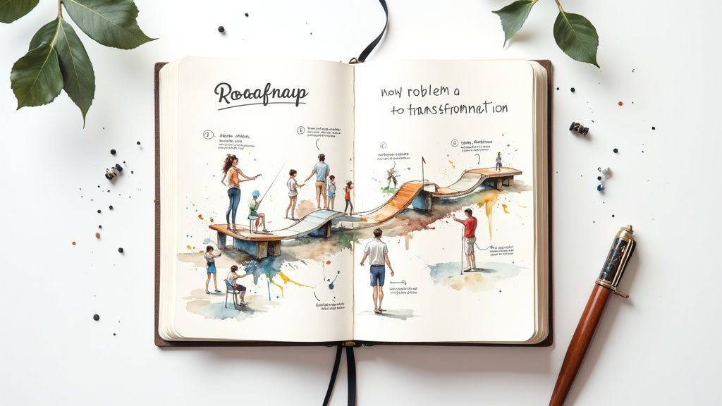 A person sketching out a mind map on a whiteboard, connecting ideas with lines and circles, representing the planning phase of community building.