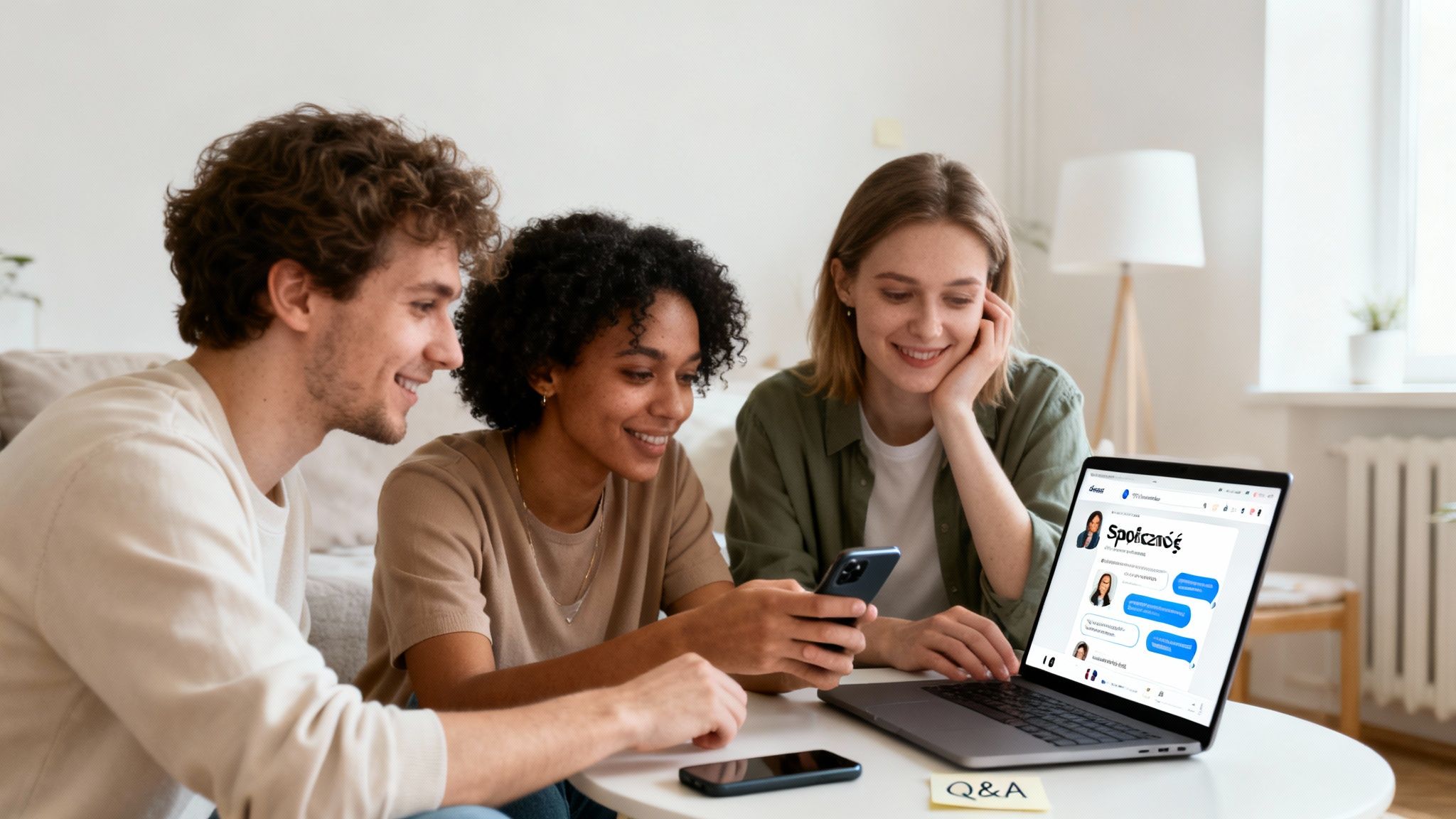 Trzech młodych ludzi w domu uśmiecha się, współpracując i rozmawiając online za pomocą laptopa i smartfona.