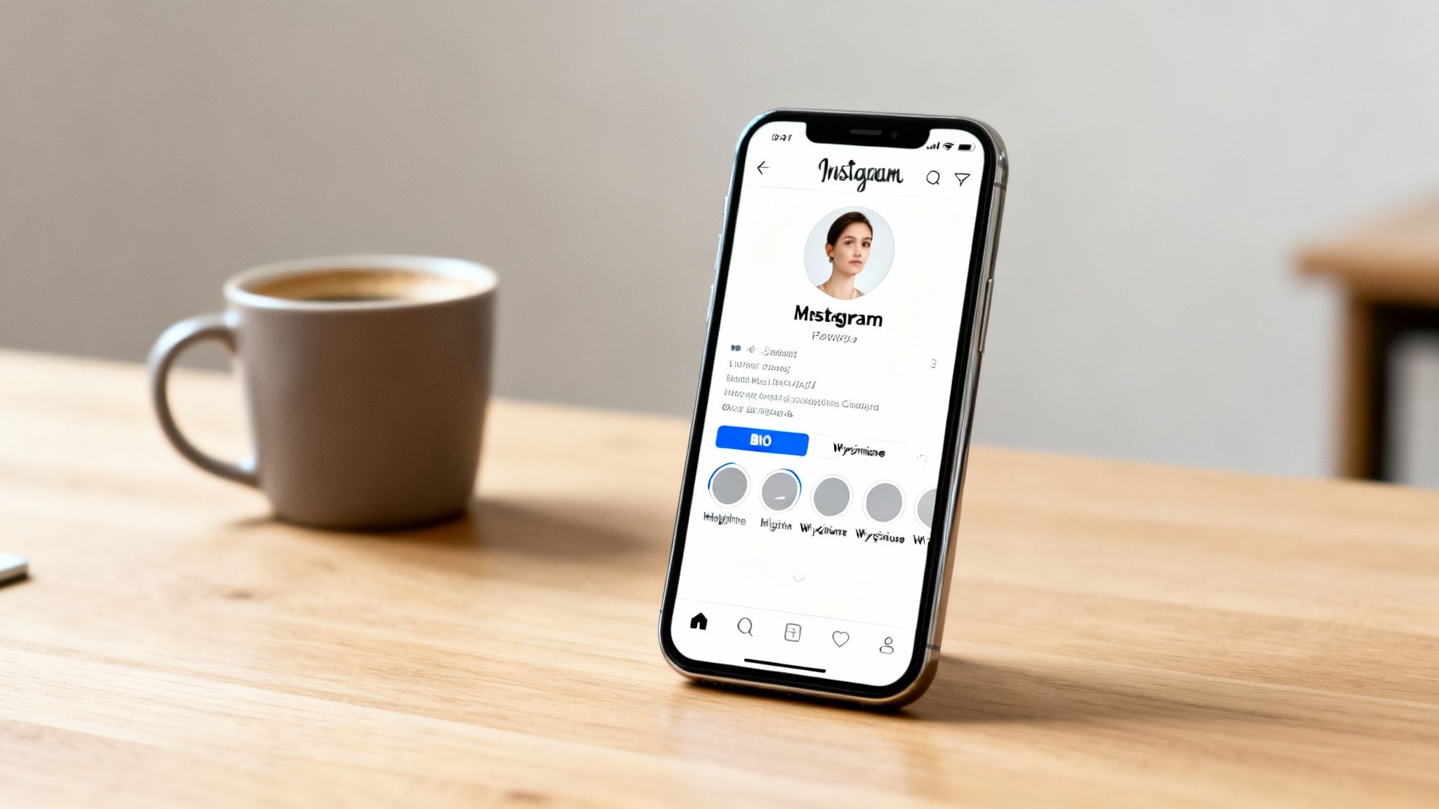 Telefon wyświetlający profil Instagram z zdjęciem kobiety, obok kubek kawy na drewnianym stole.