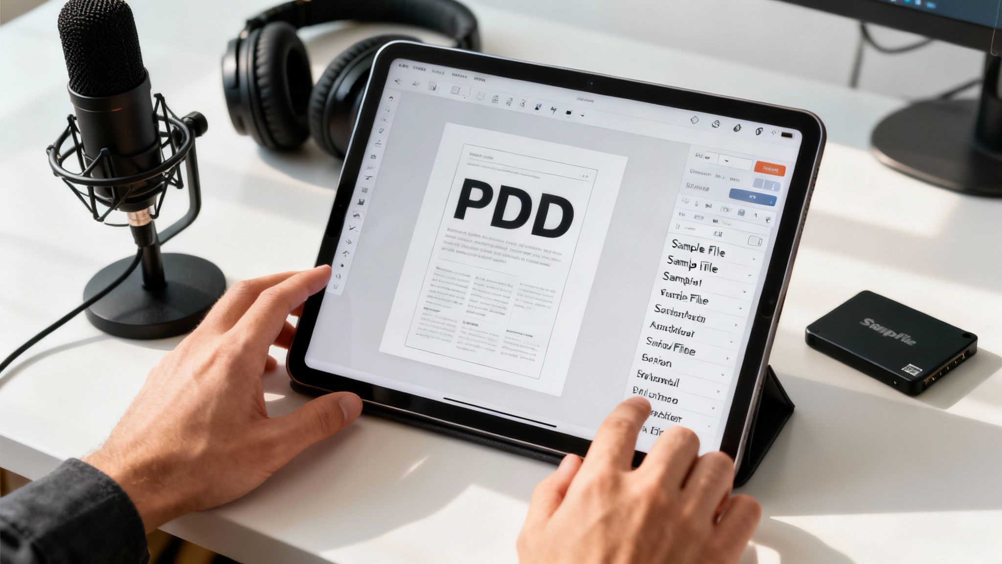 Person's hands using a tablet to edit a PDD document, surrounded by a microphone and headphones.