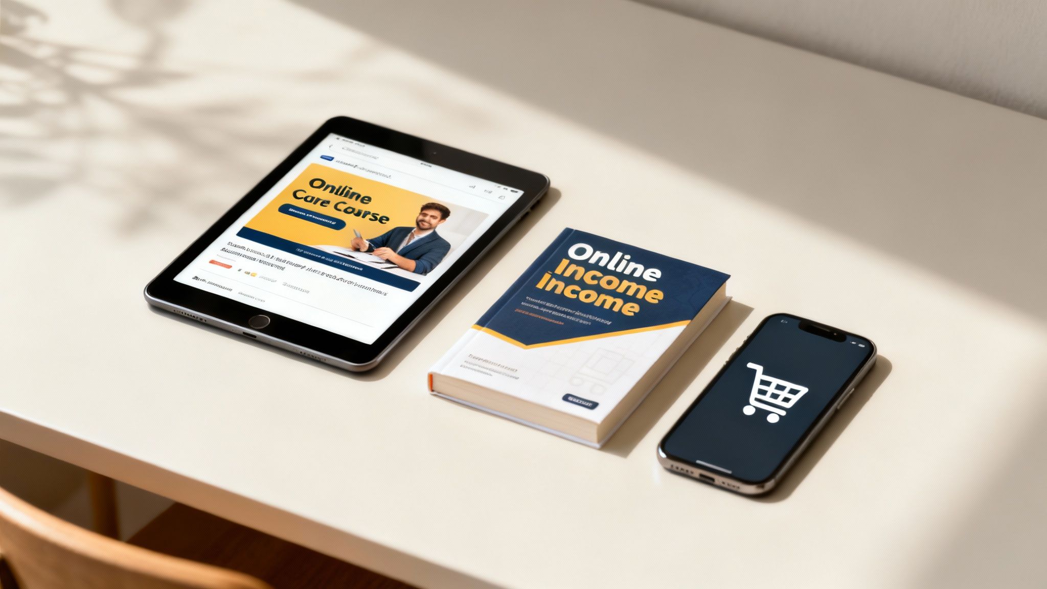 Tablet z kursem online, książka o zarabianiu w internecie i telefon z ikoną koszyka zakupowego