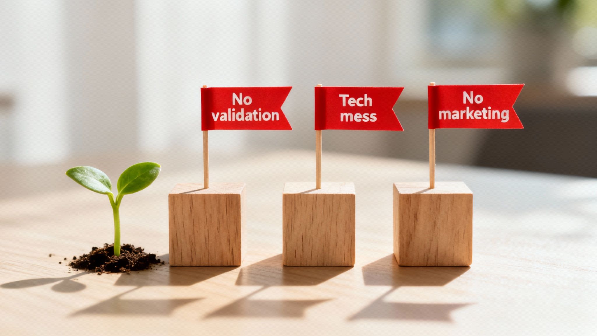 Three red flags showing no validation, tech mess, and no marketing warnings beside young plant seedling