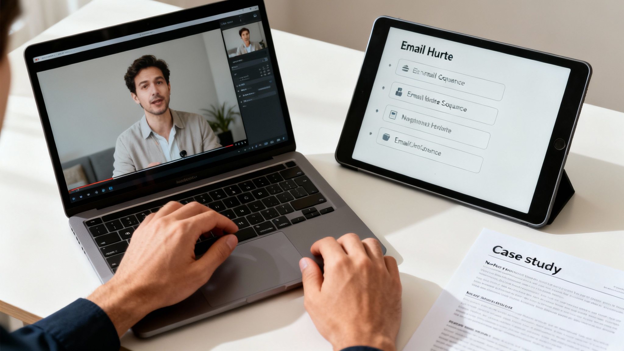 Person analyzing sales strategy with a video on laptop and email sequences on a tablet.