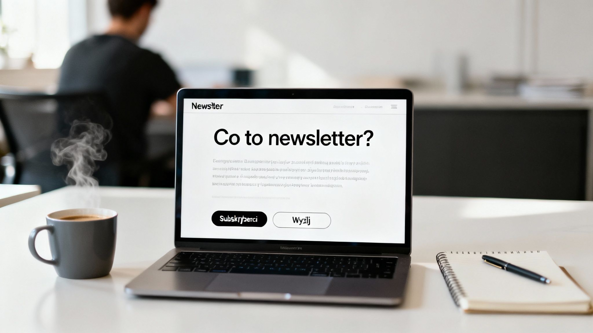 Widok na laptop z ekranem newslettera, filiżankę kawy i notatnik na jasnym biurku w biurze.