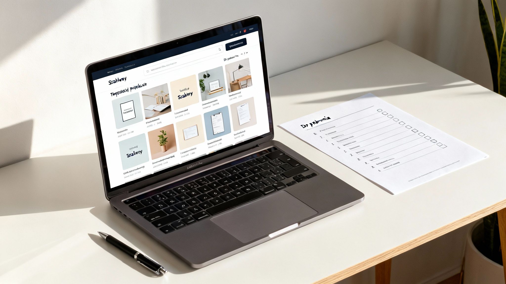 Laptop na nowoczesnym biurku z otwartą stroną "Szablony", obok długopis i papierowa lista zadań do zrobienia.