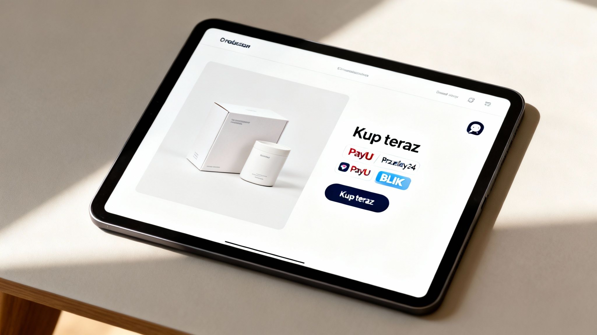 Tablet z otwartą stroną sklepu internetowego pokazującą białe opakowanie produktu i opcje płatności PayU, Przelewy24, BLIK.