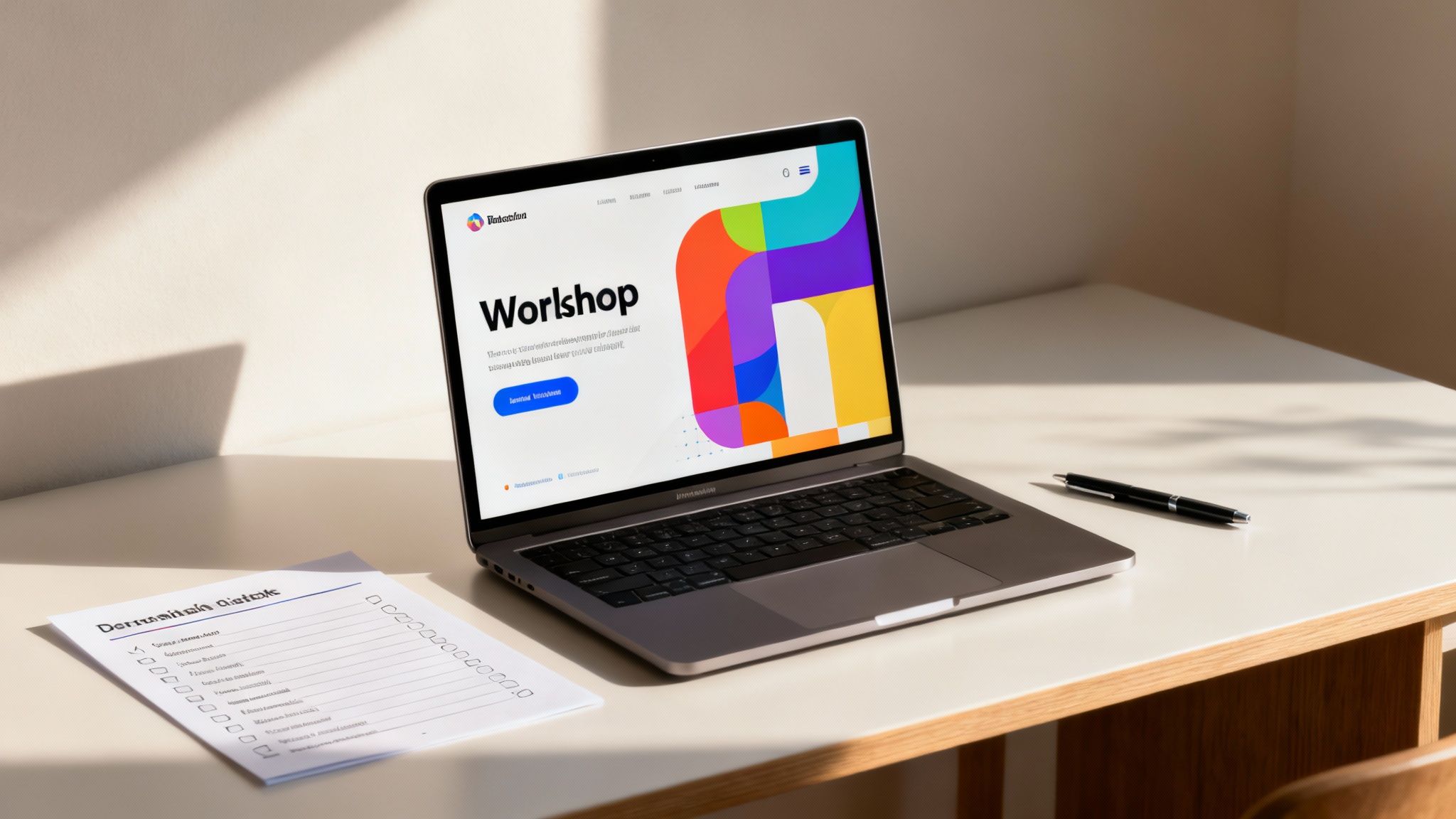 Osoba projektująca materiały warsztatowe na laptopie.