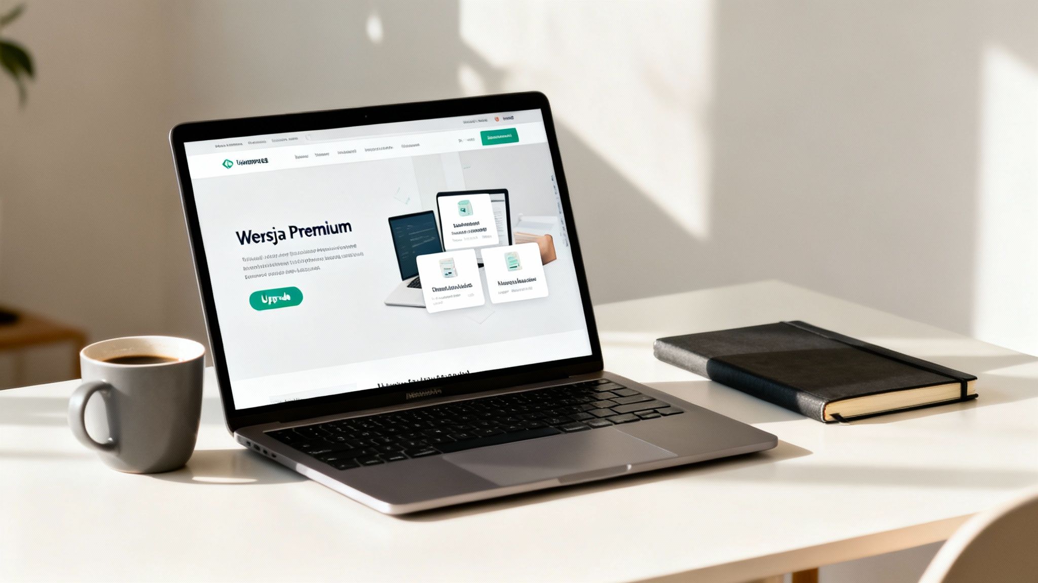 Laptop na białym stole z otwartą stroną internetową 'Wersja Premium', obok kubek kawy i czarny notatnik.