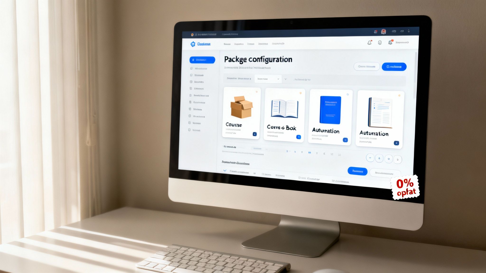 Monitor komputera wyświetlający interfejs konfiguracji pakietów z opcjami kursów i automatyzacji.