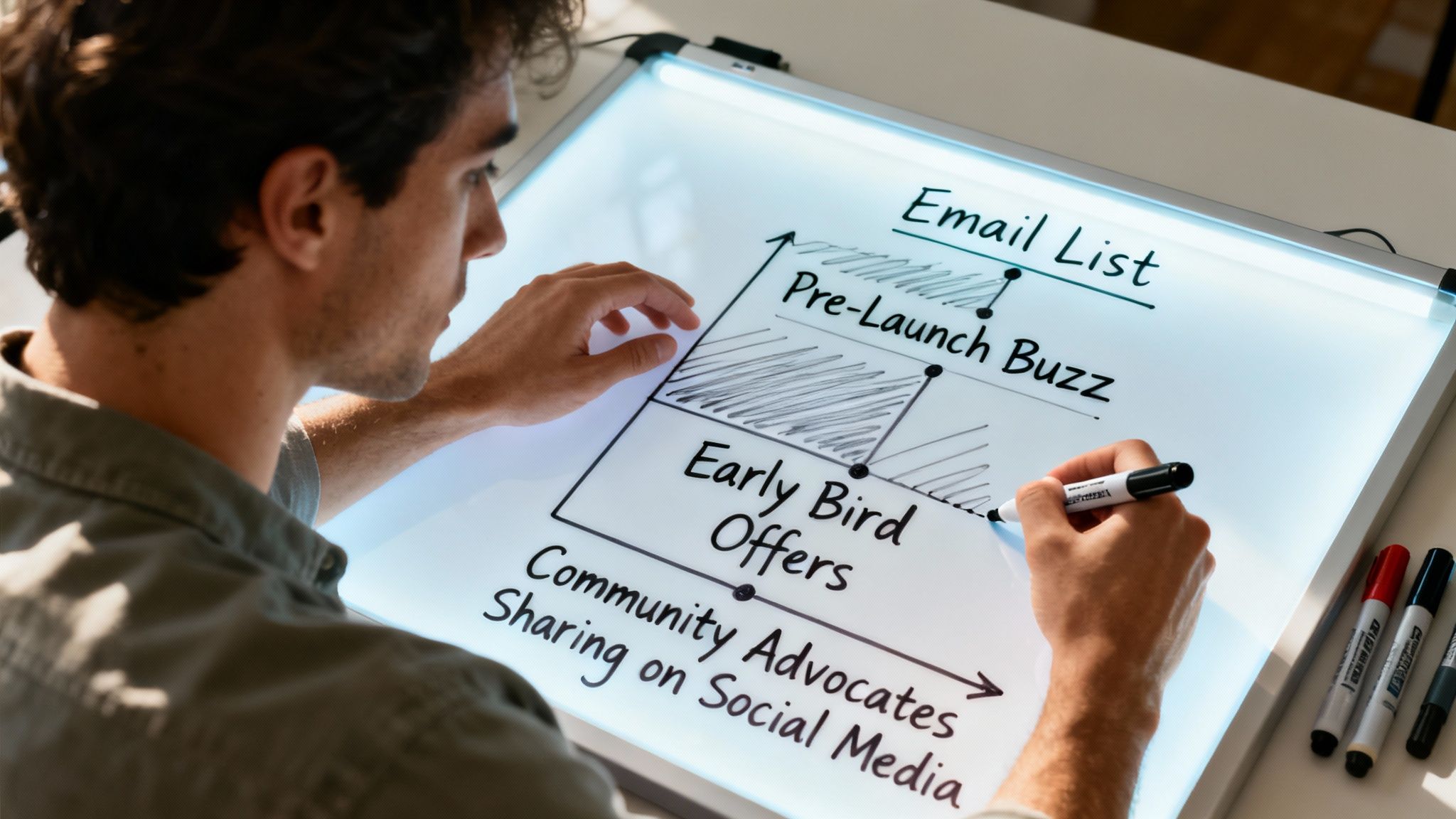 A person creating a marketing plan with sticky notes on a board, illustrating strategic thinking.