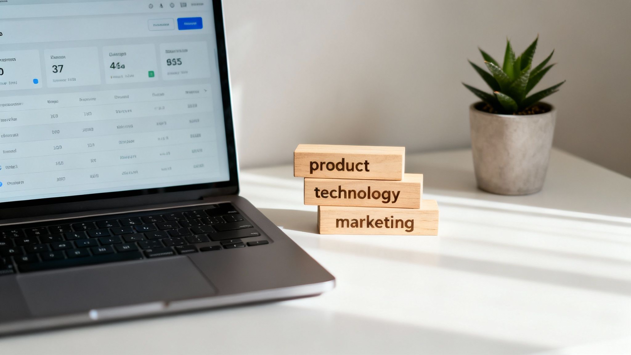 Laptop z otwartym pulpitem nawigacyjnym, obok stos drewnianych klocków: produkt, technologia, marketing. W tle roślina doniczkowa.