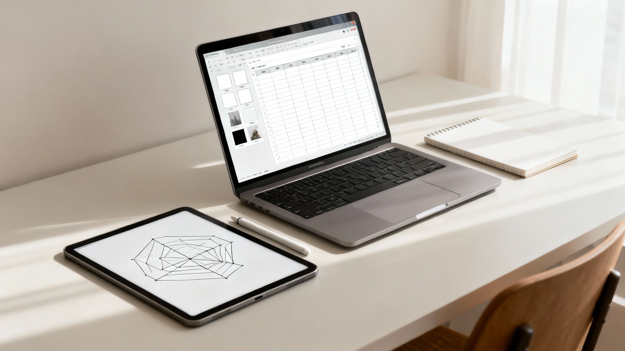 Minimalistyczne biurko z laptopem, tabletem, stylusem i notatnikiem w słonecznym pomieszczeniu.