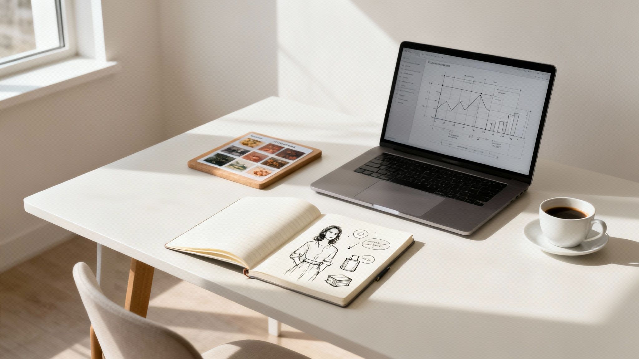 Biurko z laptopem pokazującym wykresy, notatnikiem, tabletem i kawą w jasnym wnętrzu