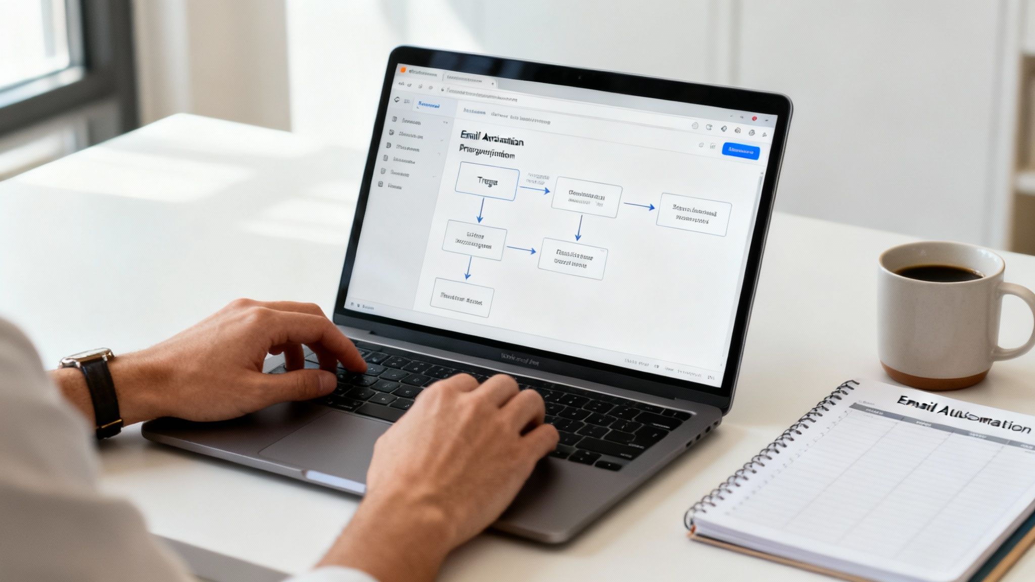 Person working on a laptop displaying an email automation flowchart, with a notebook and coffee.
