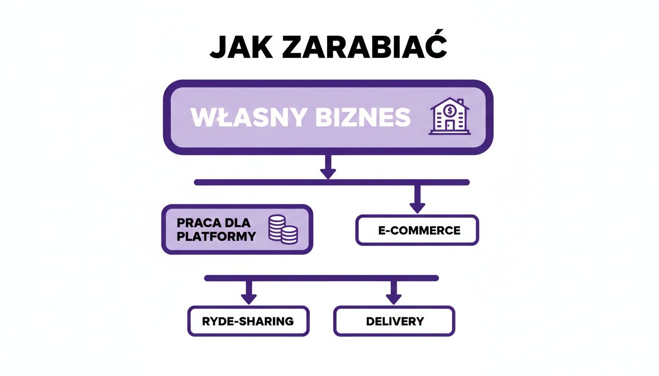 Diagram przedstawiający sposoby zarabiania pieniędzy, w tym własny biznes, pracę dla platform i e-commerce, z podkategoriami jak ryde-sharing i dostawy.