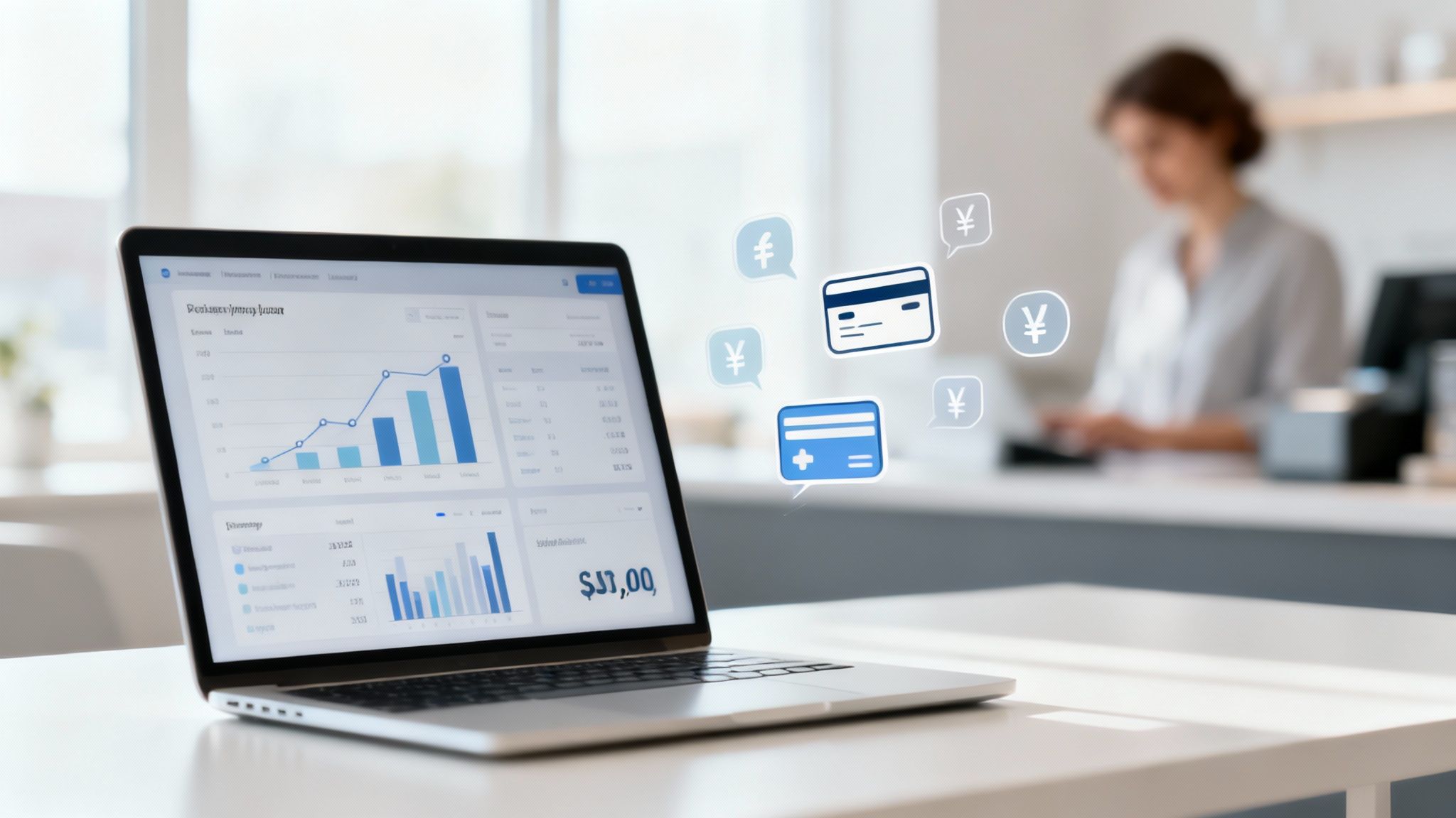 Laptop wyświetlający wykresy finansowe i dane sprzedażowe z ikonami kart płatniczych i symbolami walut unoszącymi się obok, w tle pracująca kobieta.