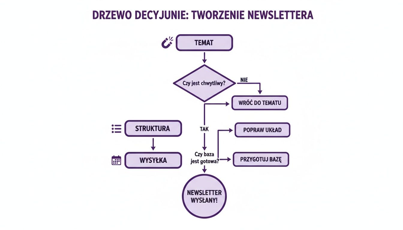 Schemat blokowy przedstawiający proces tworzenia newslettera, od tematu i struktury, po przygotowanie i wysyłkę.