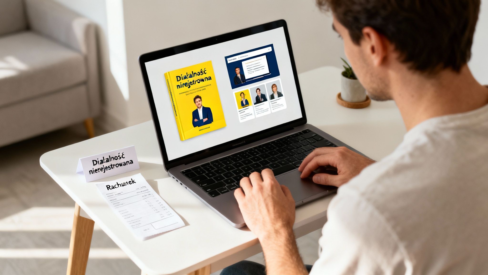 Mężczyzna pracuje na laptopie, obok leży książka i dokumenty dotyczące działalności nierejestrowanej i rachunków.