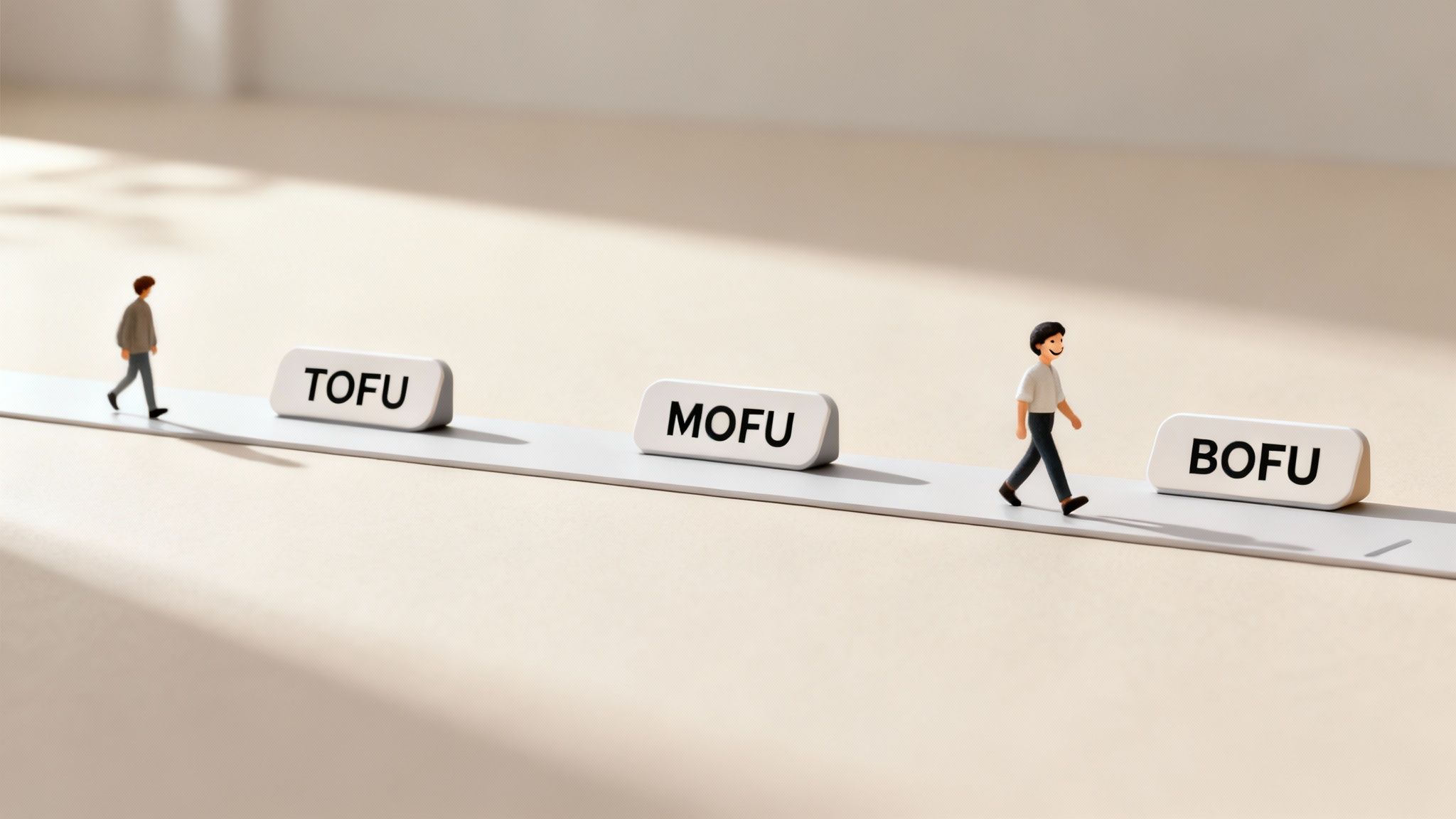 Miniature figures walk along a path marked TOFU, MOFU, BOFU, representing the marketing funnel stages.