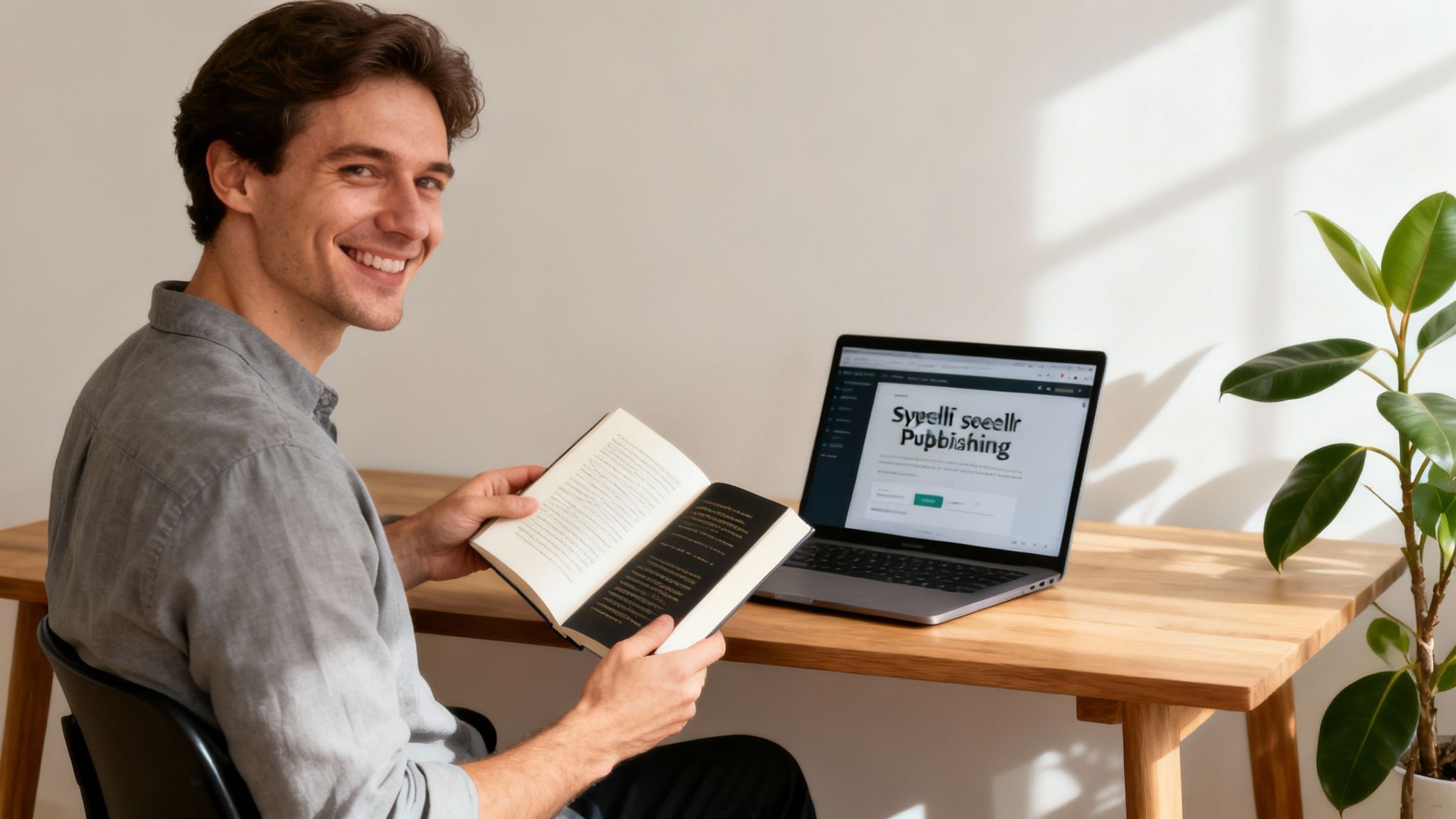 Uśmiechnięty mężczyzna czyta książkę, siedząc przy biurku z laptopem i rośliną.