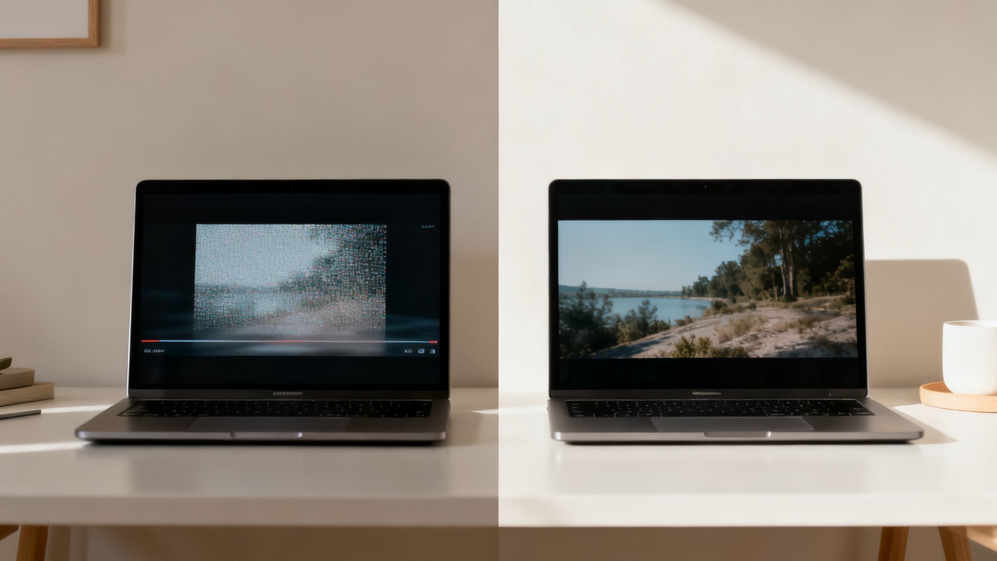 Dwa laptopy na białym biurku, jeden wyświetla zaszumiony film, drugi klarowny obraz. Ilustracja jakości wideo.
