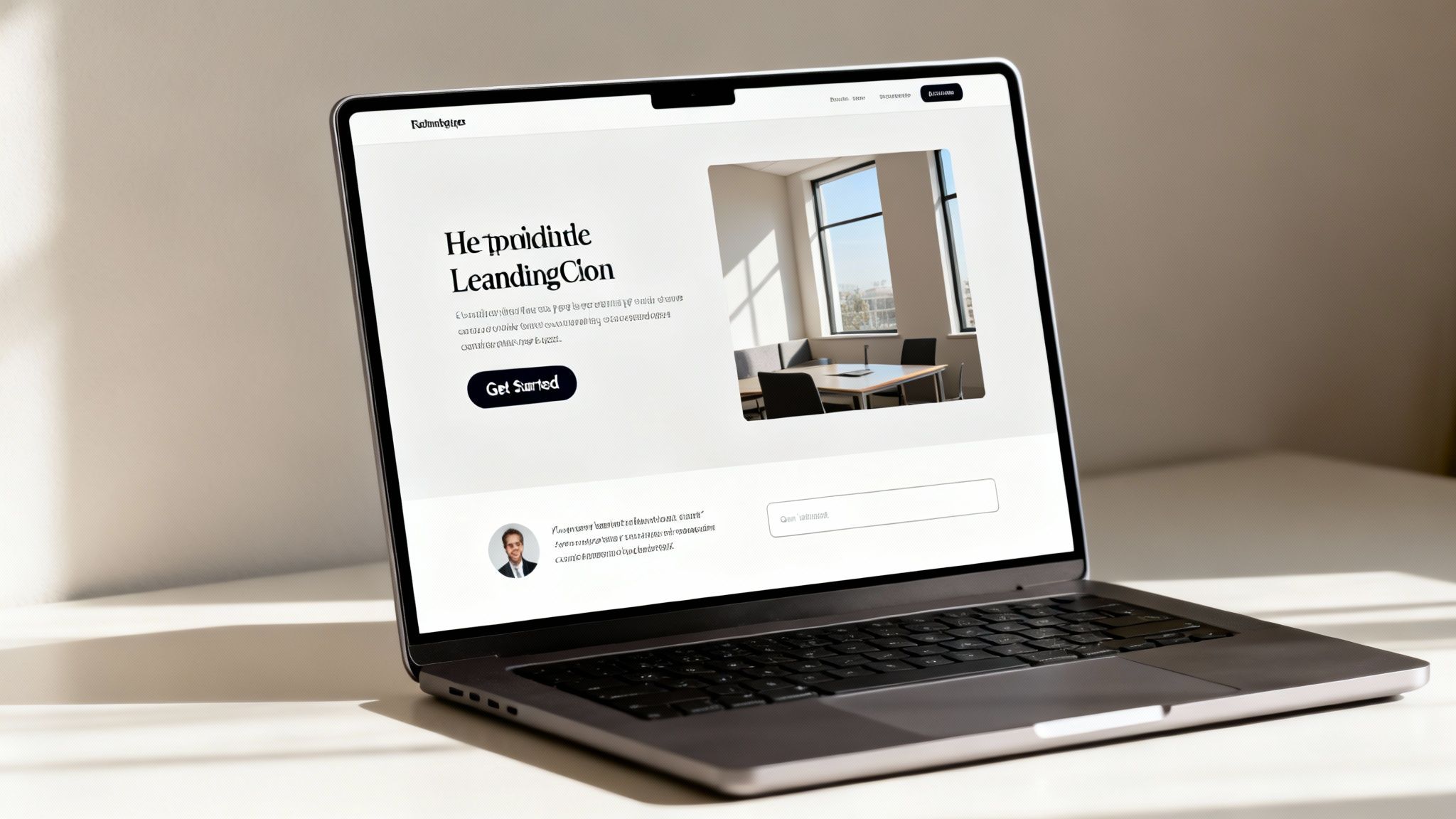 A modern laptop displays a creative landing page design with a 'Get Started' button, office image, and testimonial.