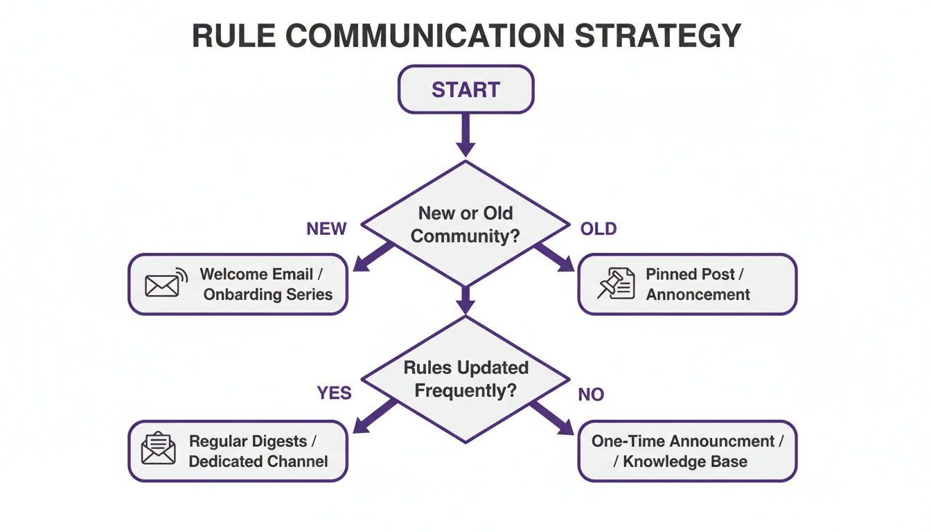 Flowchart illustrating a rule communication strategy, guiding choices based on community age and rule update frequency.