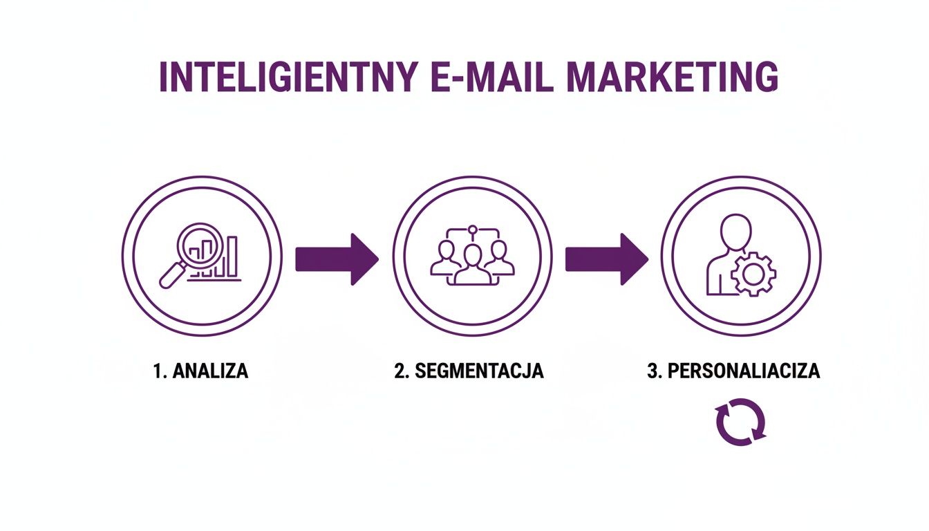 Diagram przedstawiający proces inteligentnego marketingu e-mail: analiza, segmentacja i personalizacja, z ikonami wizualizującymi każdy etap.