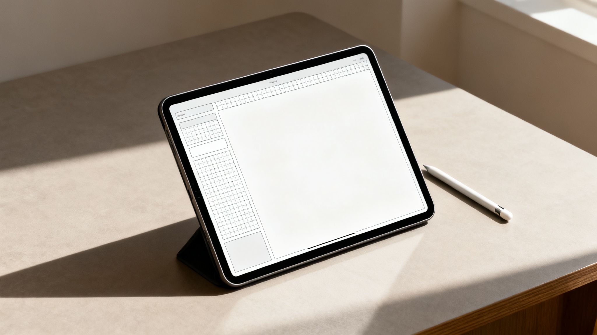 Tablet z cyfrowym planerem leży na beżowym biurku. Obok znajduje się biały rysik. Padające światło słoneczne tworzy długie cienie.