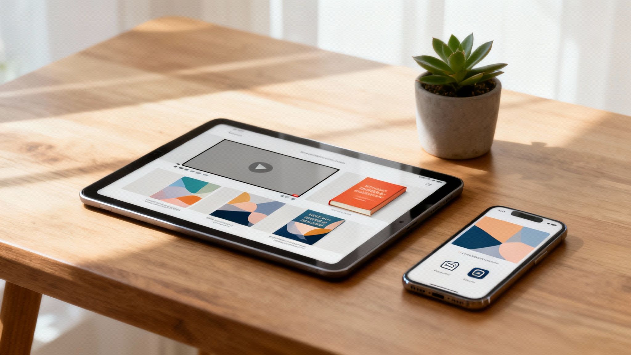 Tablet i smartfon na drewnianym stole, obok roślina. Ekrany urządzeń wyświetlają treści multimedialne.