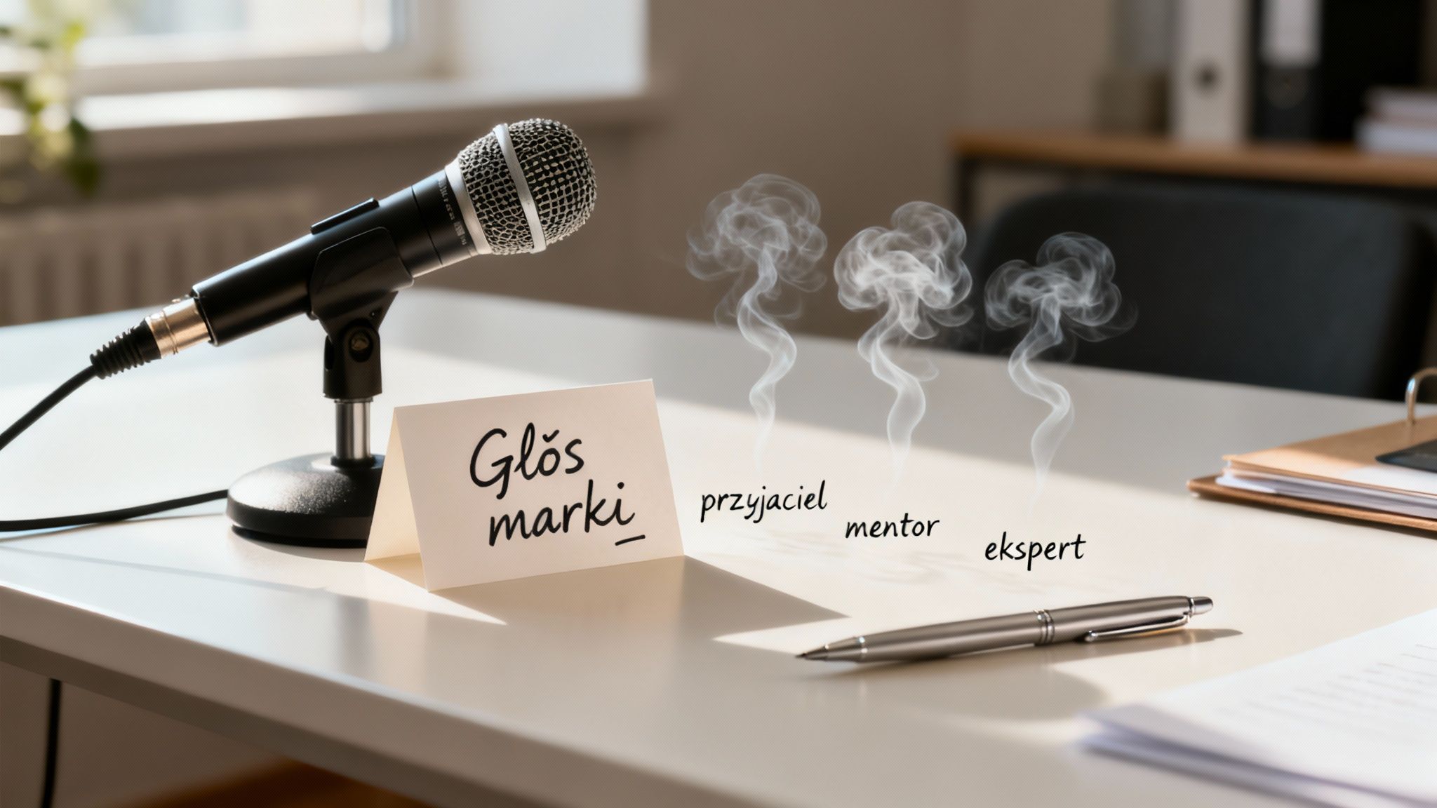 Osoba pisząca w notatniku przy filiżance kawy, symbolizujące tworzenie autentycznego głosu marki.