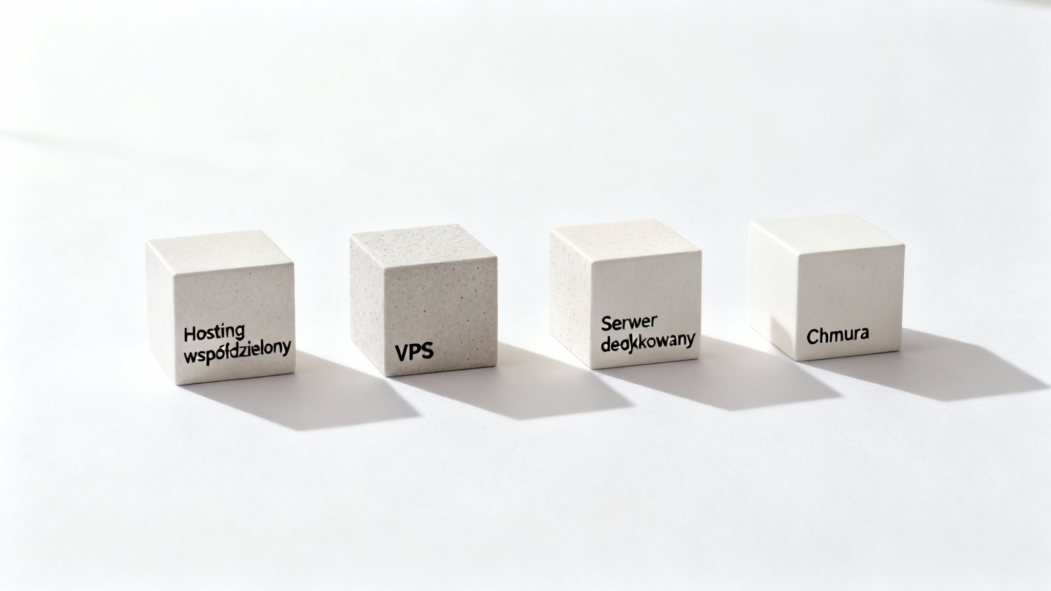 Cztery białe kostki z napisami: Hosting współdzielony, VPS, Serwer dedykowany i Chmura, symbolizujące typy usług hostingowych.