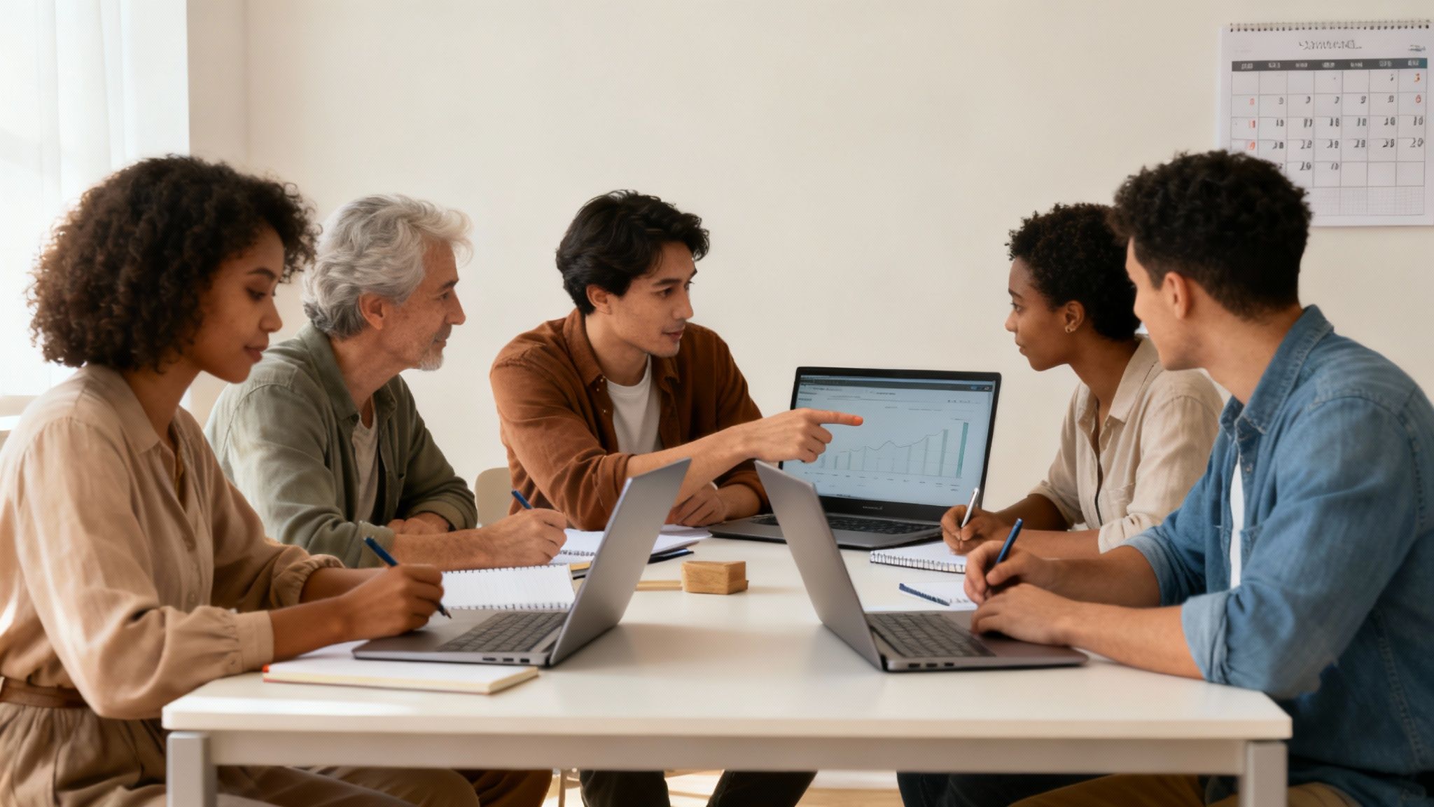 A group of people collaborating on a project together, symbolizing a cohort based course.