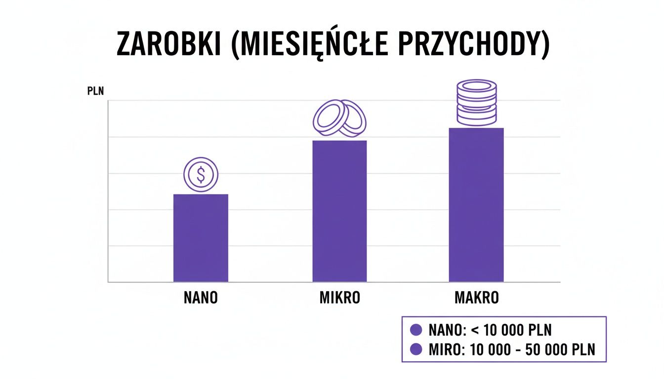 Wykres słupkowy prezentujący miesięczne zarobki w PLN dla kategorii Nano, Mikro i Makro.
