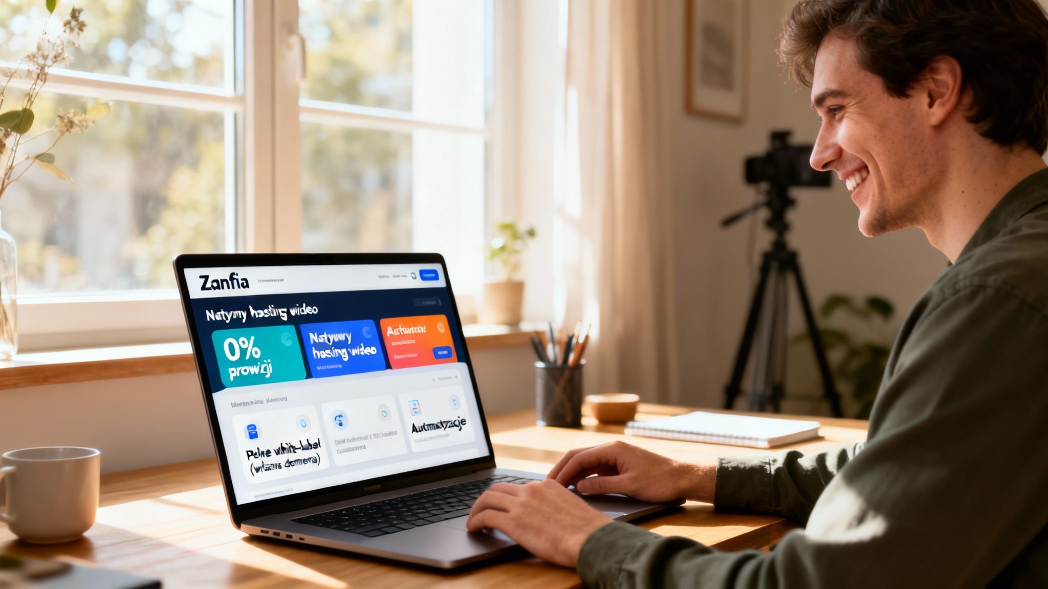 Mężczyzna używa laptopa, przeglądając stronę Zanfia oferującą hosting wideo i automatyzację.