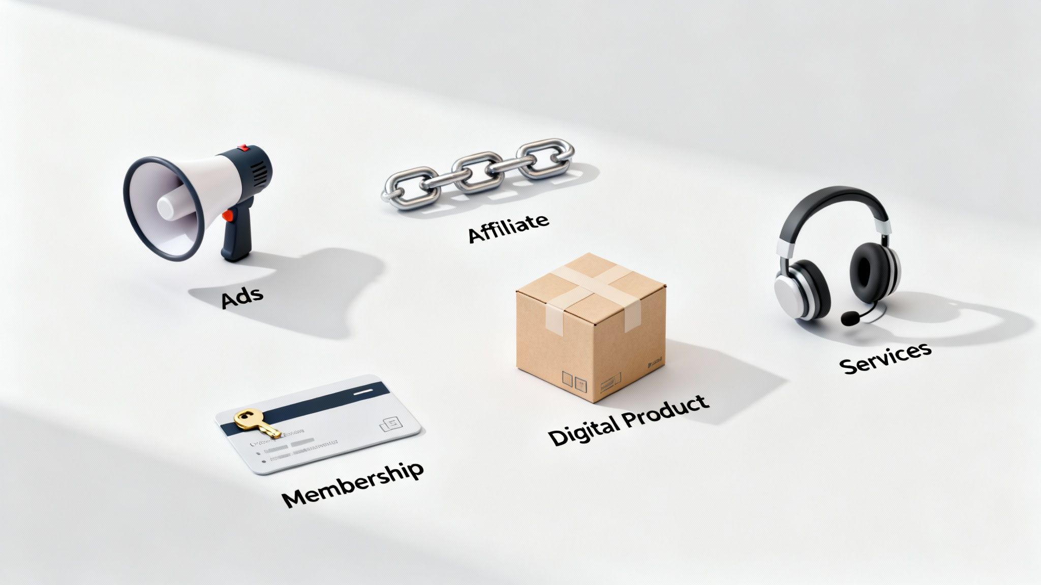 Five content monetization methods including ads, affiliate marketing, digital products, memberships, and services illustrated with 3D icons
