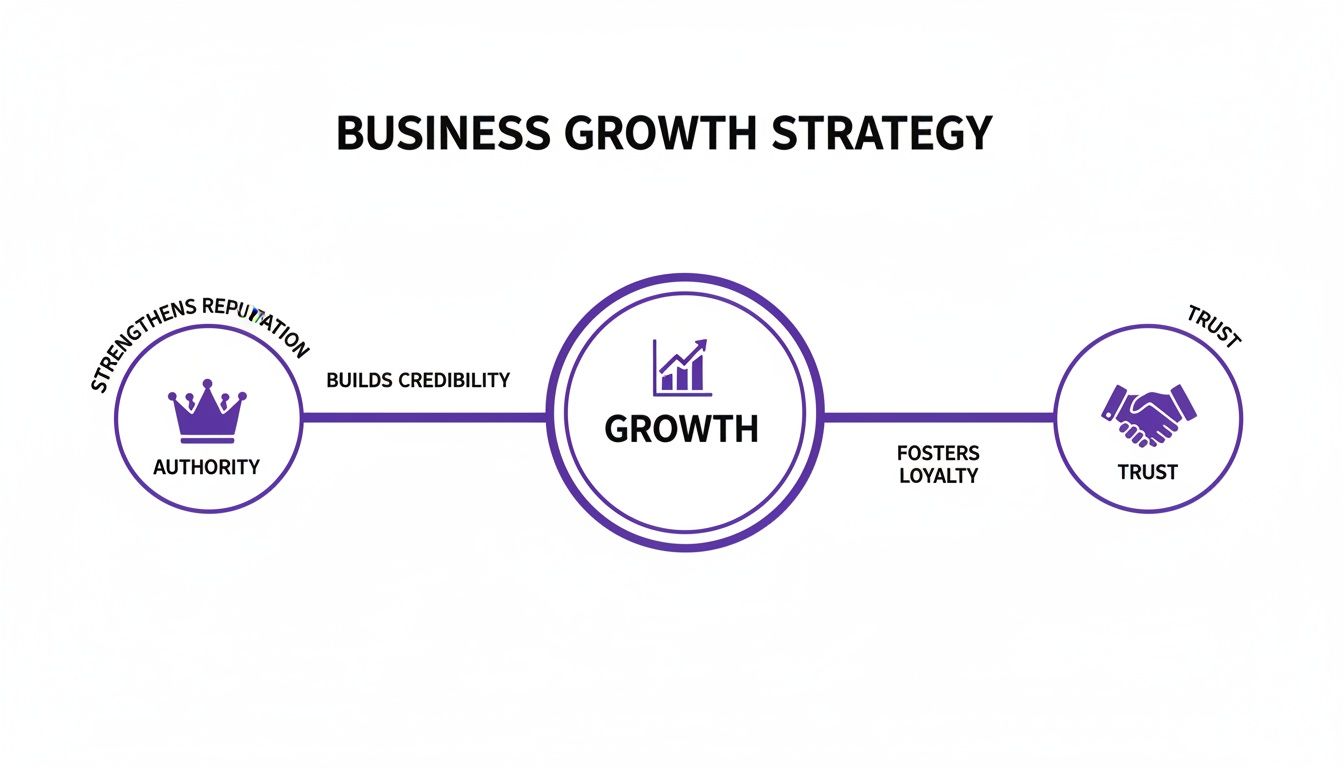 Business growth strategy diagram showing authority building credibility for growth, fostering loyalty leading to trust.