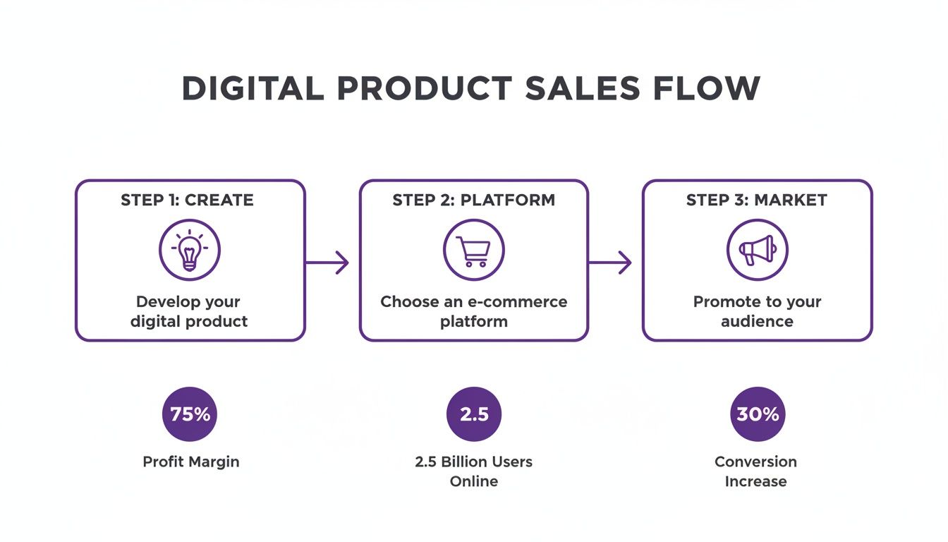 Flowchart illustrating the three steps of digital product sales: create, platform, and market, with statistics.