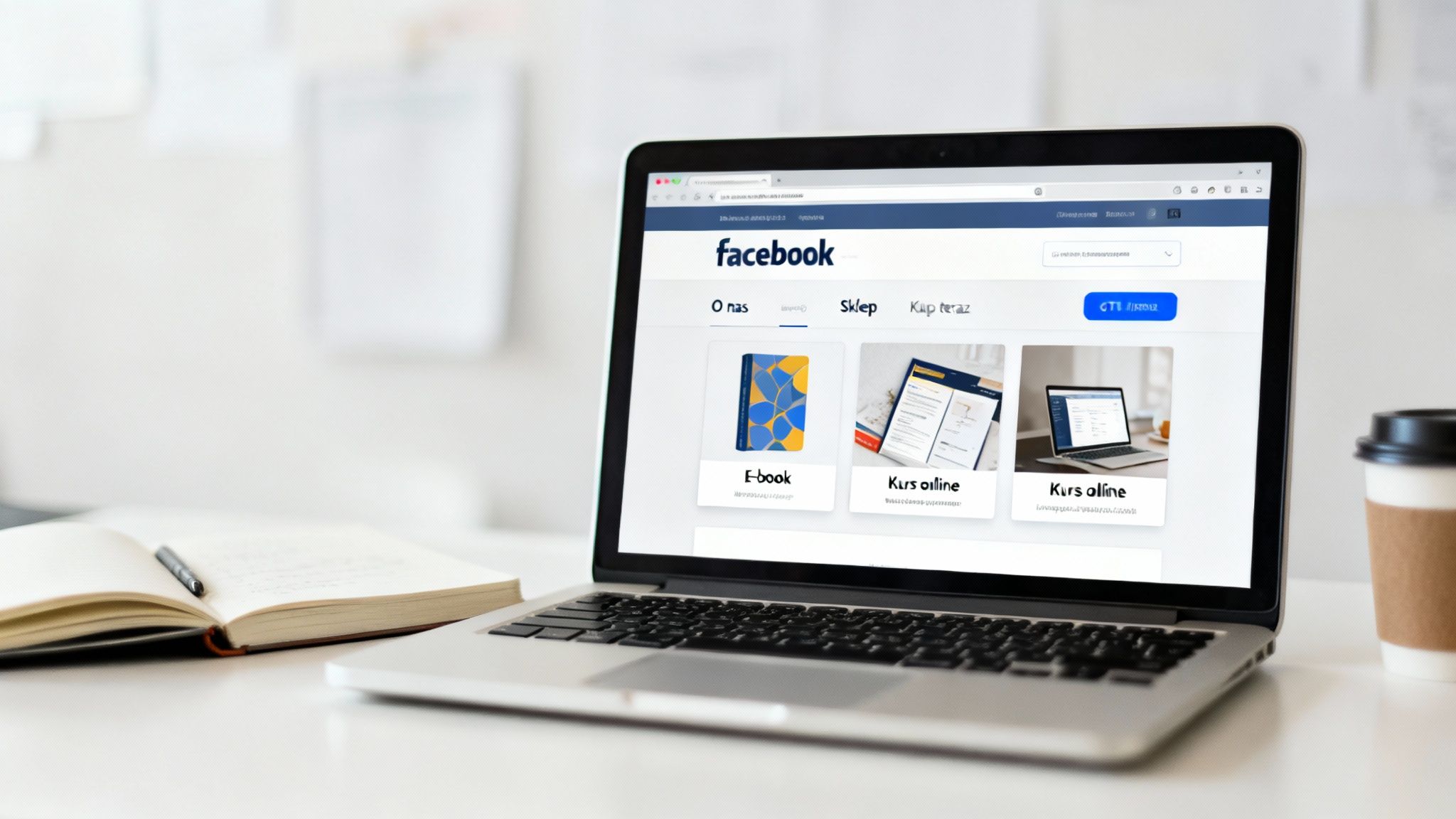 Laptop z otwartą stroną Facebooka, prezentującą e-booka i kursy online na białym biurku z notatnikiem i kawą.