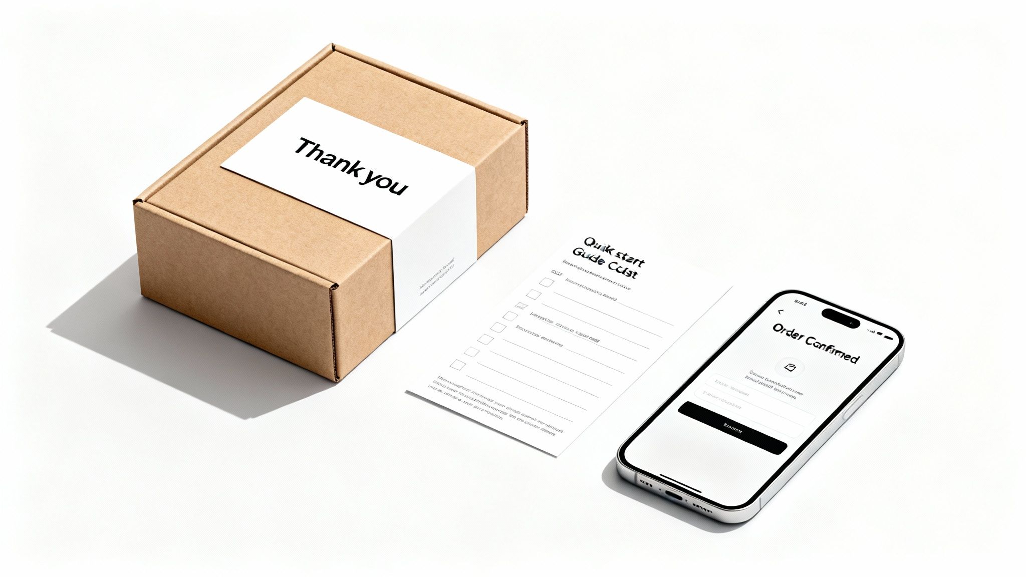 A brown cardboard box with a 'Thank you' label, a quick start guide, and a smartphone showing 'Order Confirmed'.
