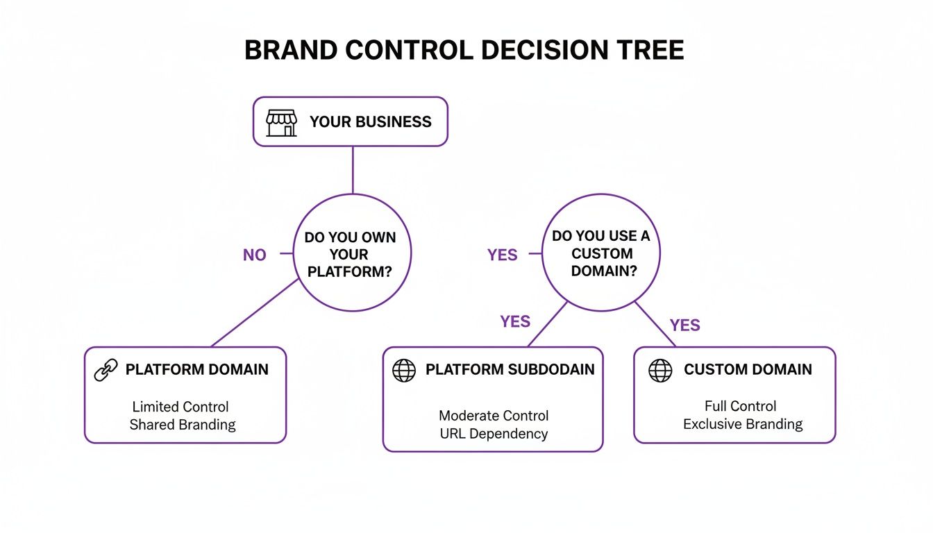 Decision tree illustrating brand control levels based on platform ownership and custom domain usage.
