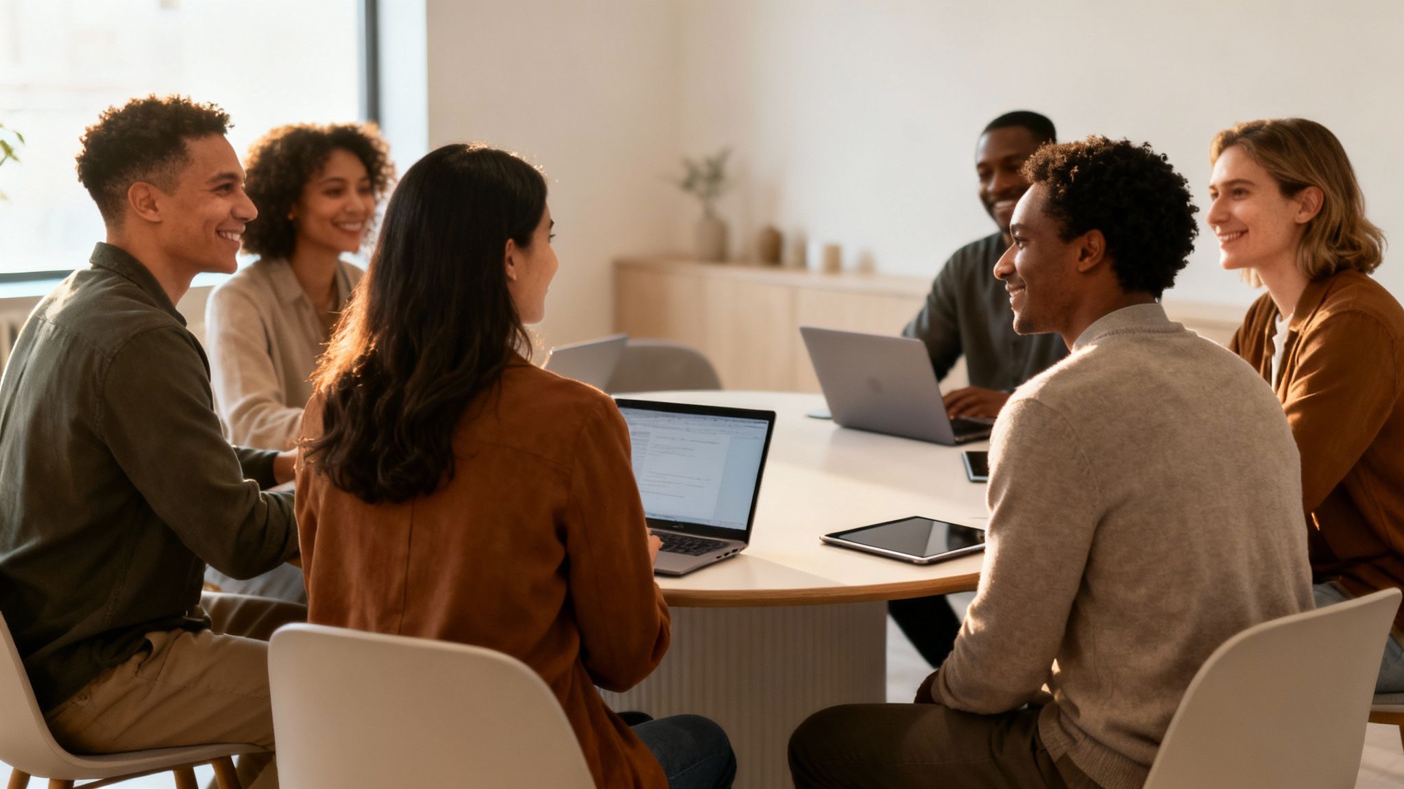 Zróżnicowana grupa ludzi spotyka się przy stole, uśmiecha się i pracuje na laptopach oraz tabletach, wspólnie omawiając projekty.