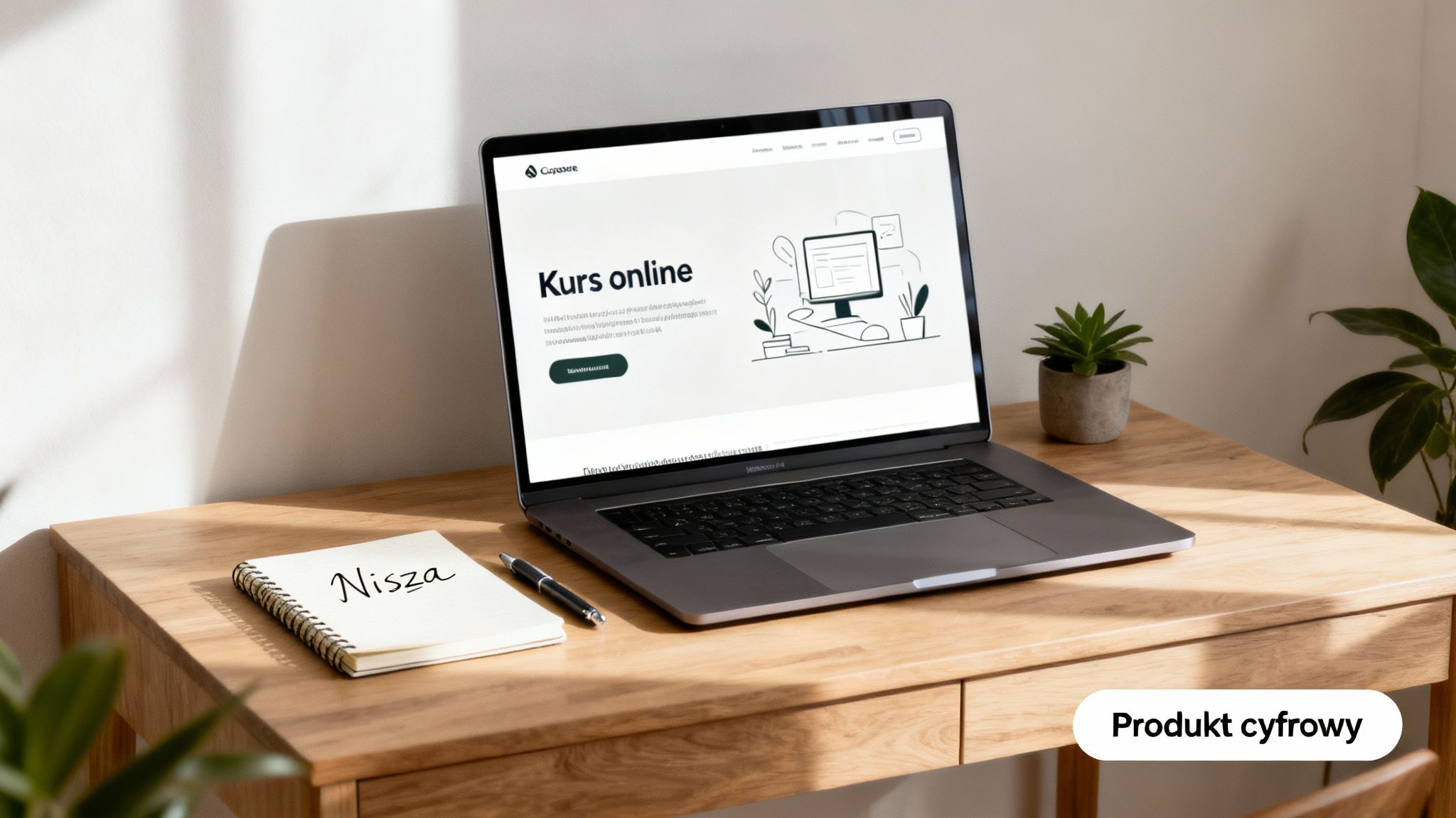 Laptop z otwartą stroną o kursie online na drewnianym biurku, obok notes, długopis i roślina. Jasne światło.