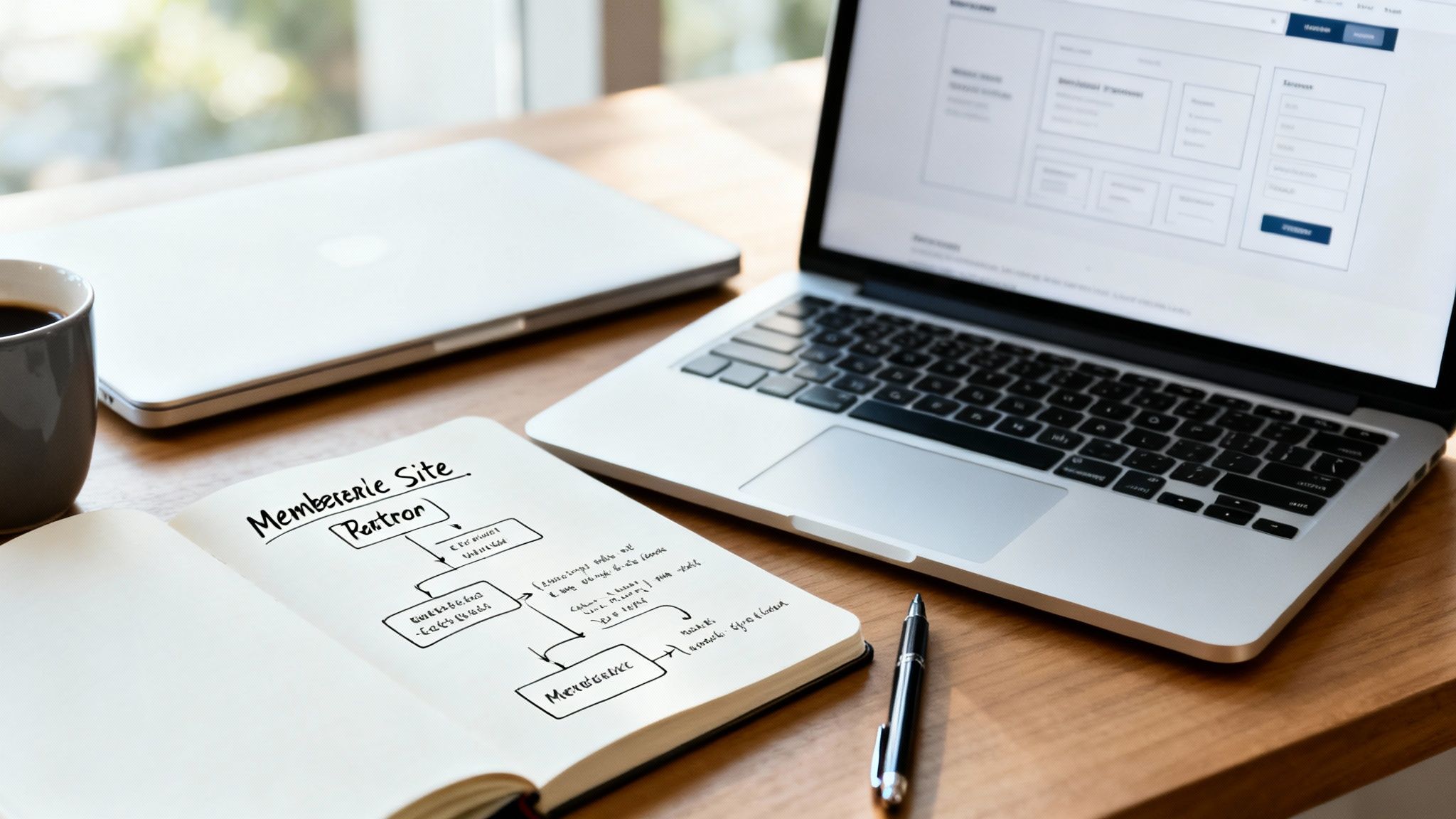 A top-down view of a desk with a laptop, coffee, pen, and notebook showing a website planning flowchart.
