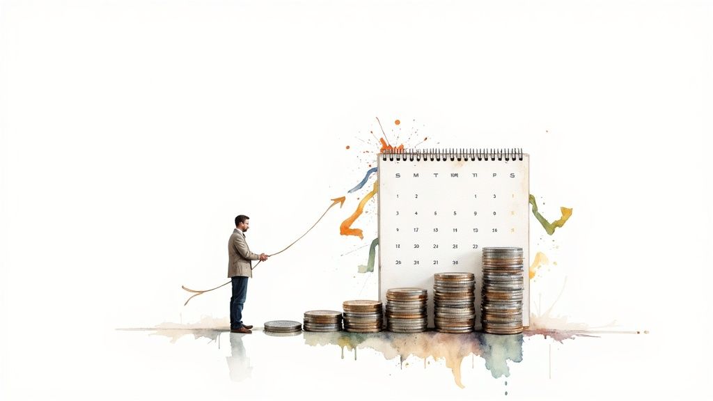 A creator working on a laptop, looking relaxed and financially stable.