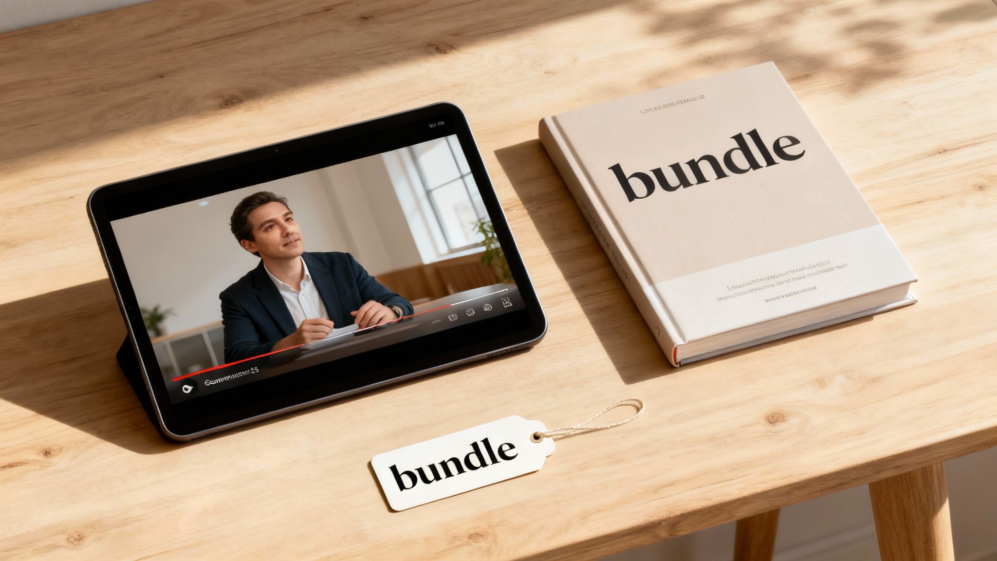 A tablet playing a video, a book, and a tag, all labeled "bundle" on a wooden desk.