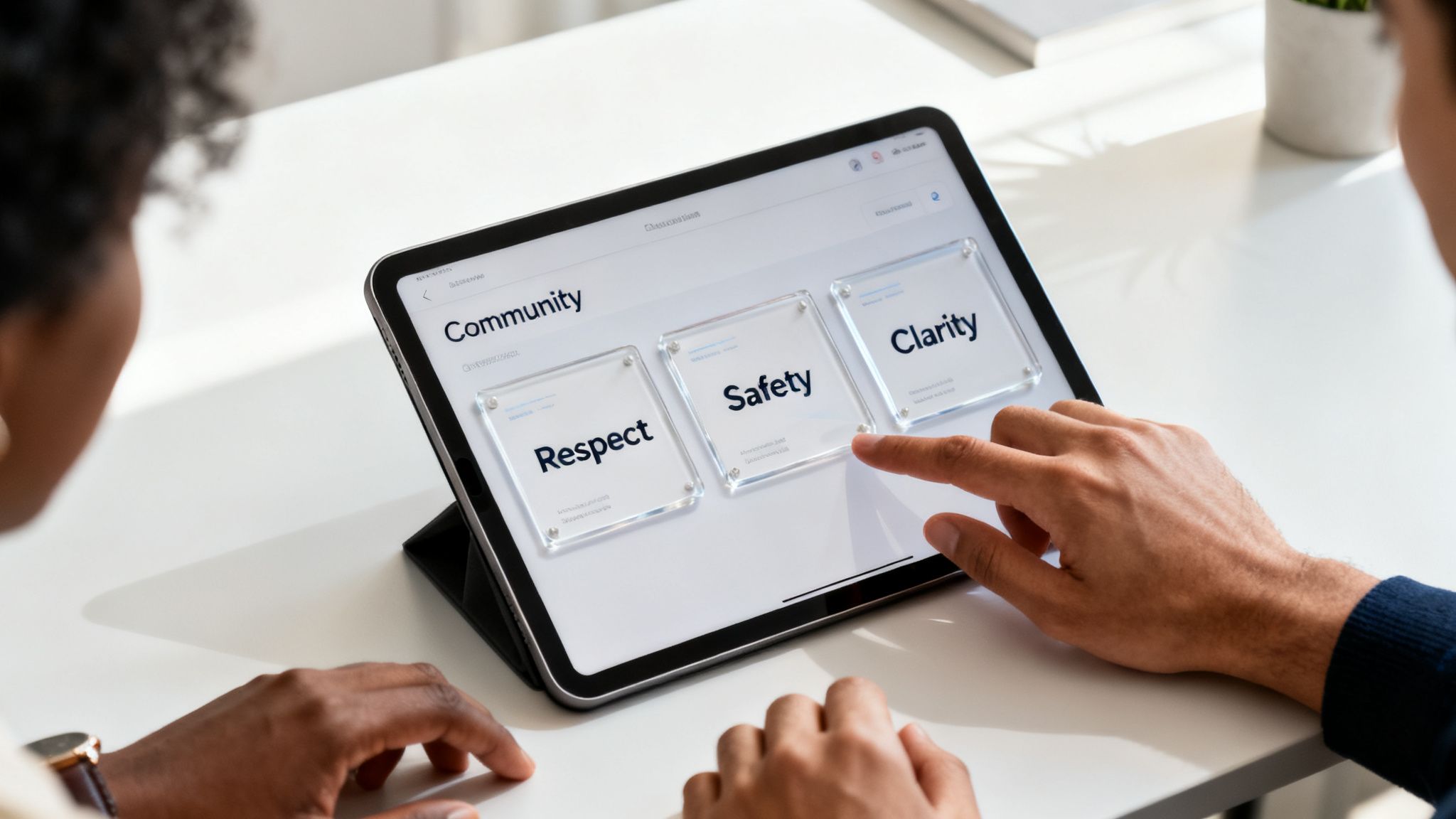 Two people discuss community guidelines displayed on a tablet screen showing 'Respect,' 'Safety,' and 'Clarity.'