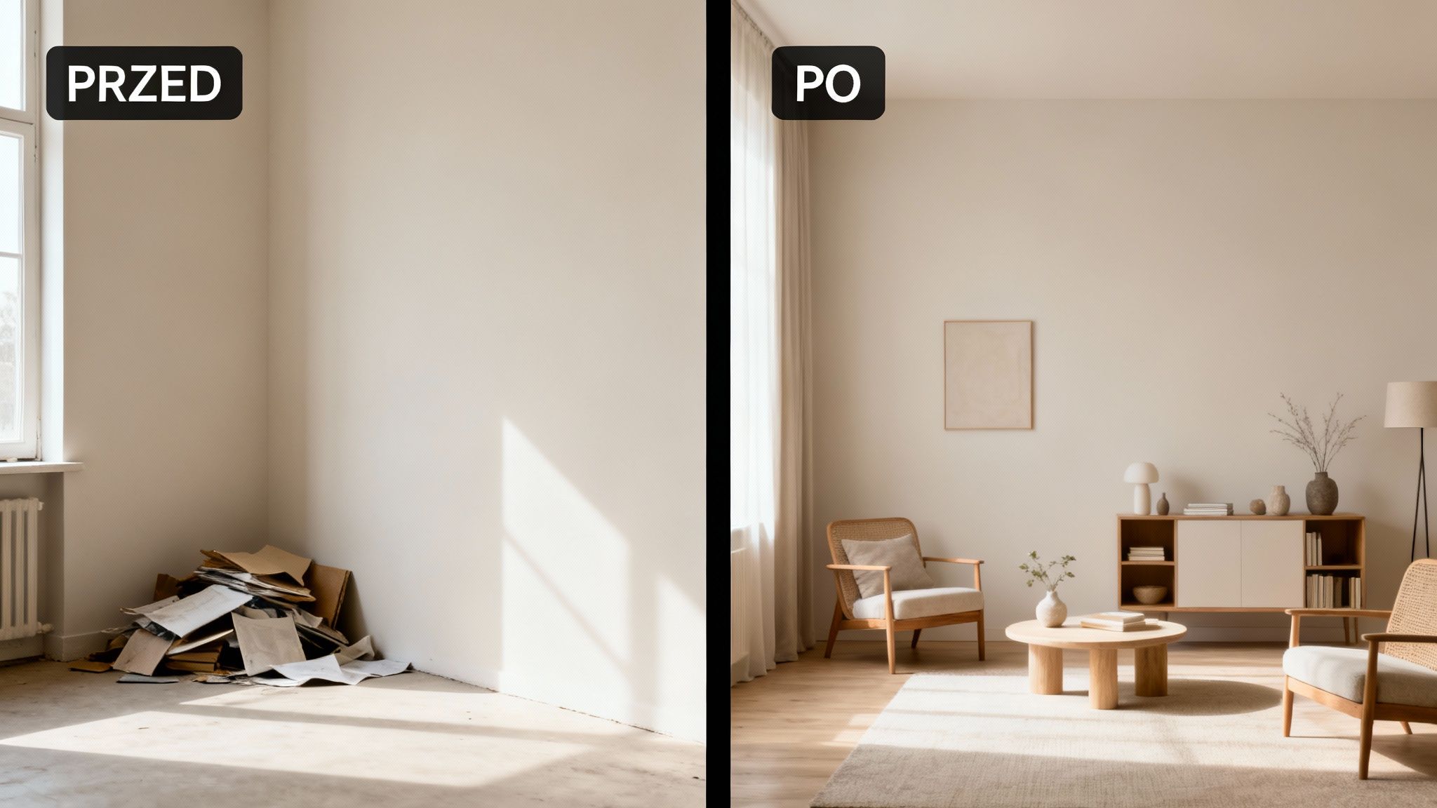 Zdjęcie przedstawia porównanie pustego, brudnego pokoju z pięknie urządzonym, minimalistycznym salonem.